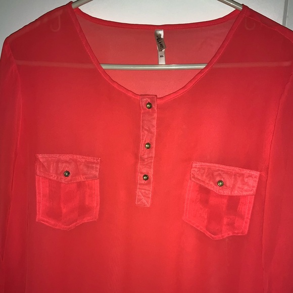 Neon orange - see through - 3 button w pockets blouse - size XL - HIGH LOW TUNIC - Picture 5 of 5
